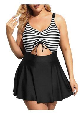 Womens Plus 12W Striped Black & White One-Piece Swimsuit Skirt Cutout Front Adj